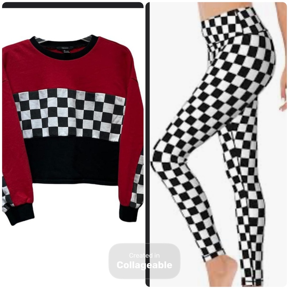 Red and Checkered Crop Top sweatshirt and Leggings Set